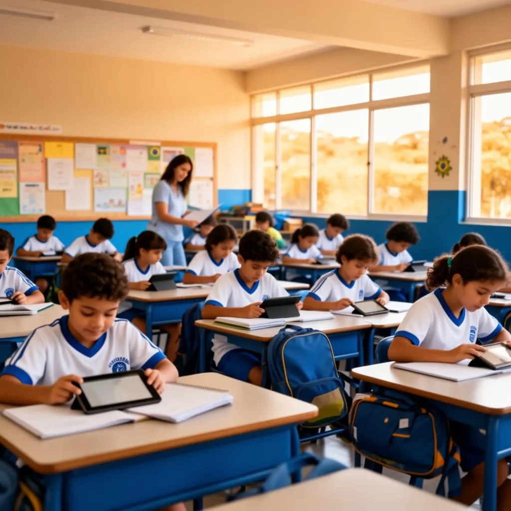 Alunos de escola pública brasileira utilizando o sistema Deedo em sala de aula